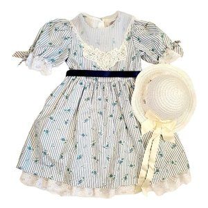 Vintage 90s Girls White Blue Floral Striped Bib Collar Party Dress w Hat Sz 5